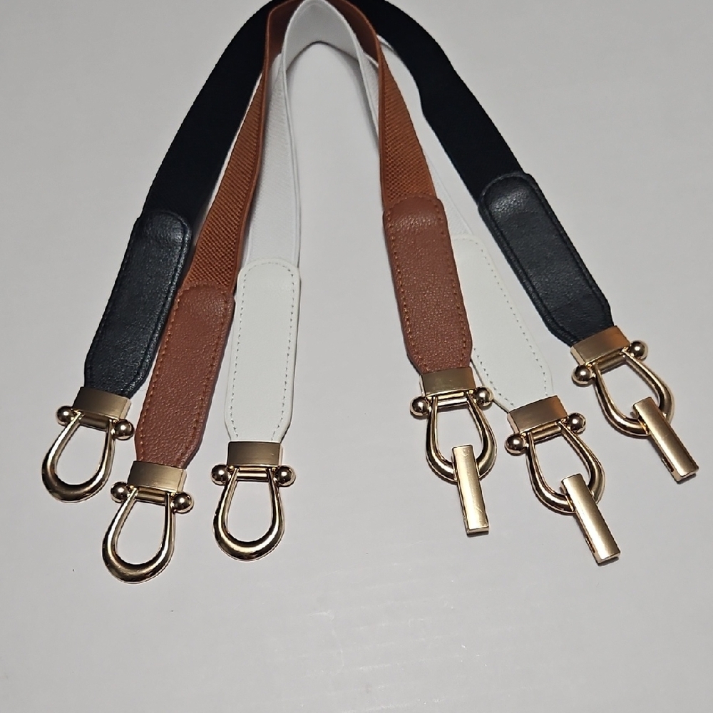Elegant Set Of 3 Womens Stretch Adjustable Belts W/Brass Harp Buckles S Up To 30
